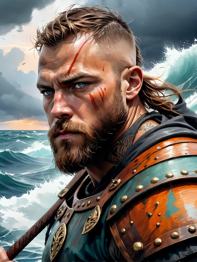 A portrait of viking warrior at the boat in the ocean, stormy weather