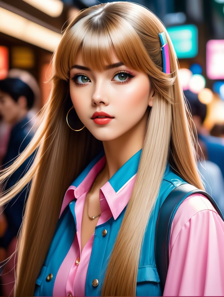 A girl with long straight hair in 80’s anime vintage style