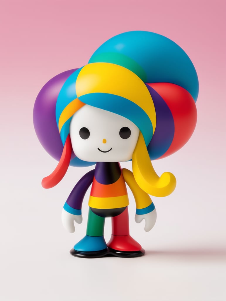 Vinil toy de un personaje skater con mucho pelo de colores vibrantes inspirados en el ballet triadico de la Bauhaus en un set design minimalista