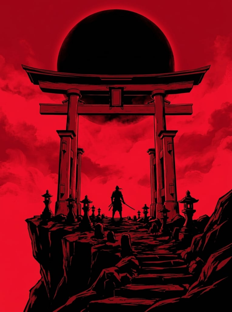 colossal red torii gate on a jagged black cliff, solitary warrior silhouetted centrally beneath the archway, stone lanterns flanking the path, massive black sphere dominating a vibrant crimson sky, dark rocky foreground terrain, minimalist two-tone palette of pure black and blood red, high-contrast graphic illustration