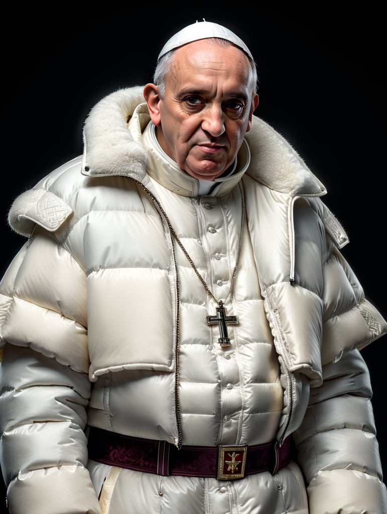 Professional photo of a glamour Pope Francis looking stylish in a white puffer jacket