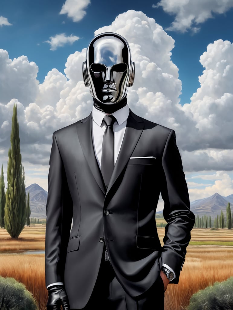 Portrait of a faceless reflective chrome - head man in a suit and black gloves, clouds and nature landscape in the background, realistic, distance, centered, hd, high resolution, high detail,