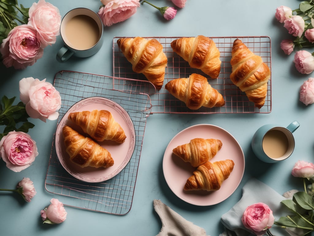 Cookbook photo, top - view, wire cooling rack, croissants, with a floral, allow, banner, pink and pastel blue, farmcore