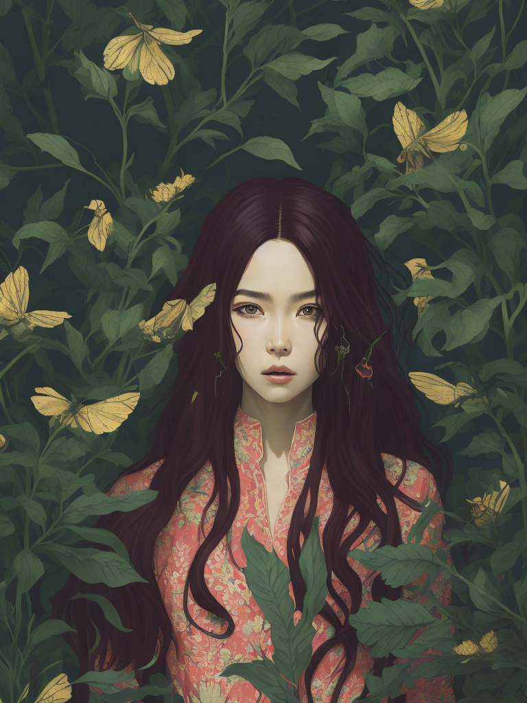 beautiful cute front portrait Korean ninfa, big long curly hair, herbs pastel colors, next to a green tree with green leabs, fliying yellow birds, flowers red by victo ngai, kilian eng, dynamic lighting, digital art, art by takato yamamoto,8K Akira Style design