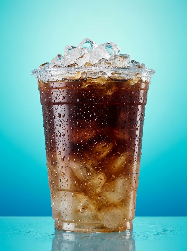 A clear plastic cup of dark iced coffee is set against a vibrant cyan gradient background. Thick condensation beads coat the cup's exterior, encasing deep mahogany liquid that fades to a cloudy amber at the ice-filled base. A jagged mound of crushed ice crowns the rim. Sharp product photography uses bright, even lighting to highlight the multifaceted ice and glistening water droplets.