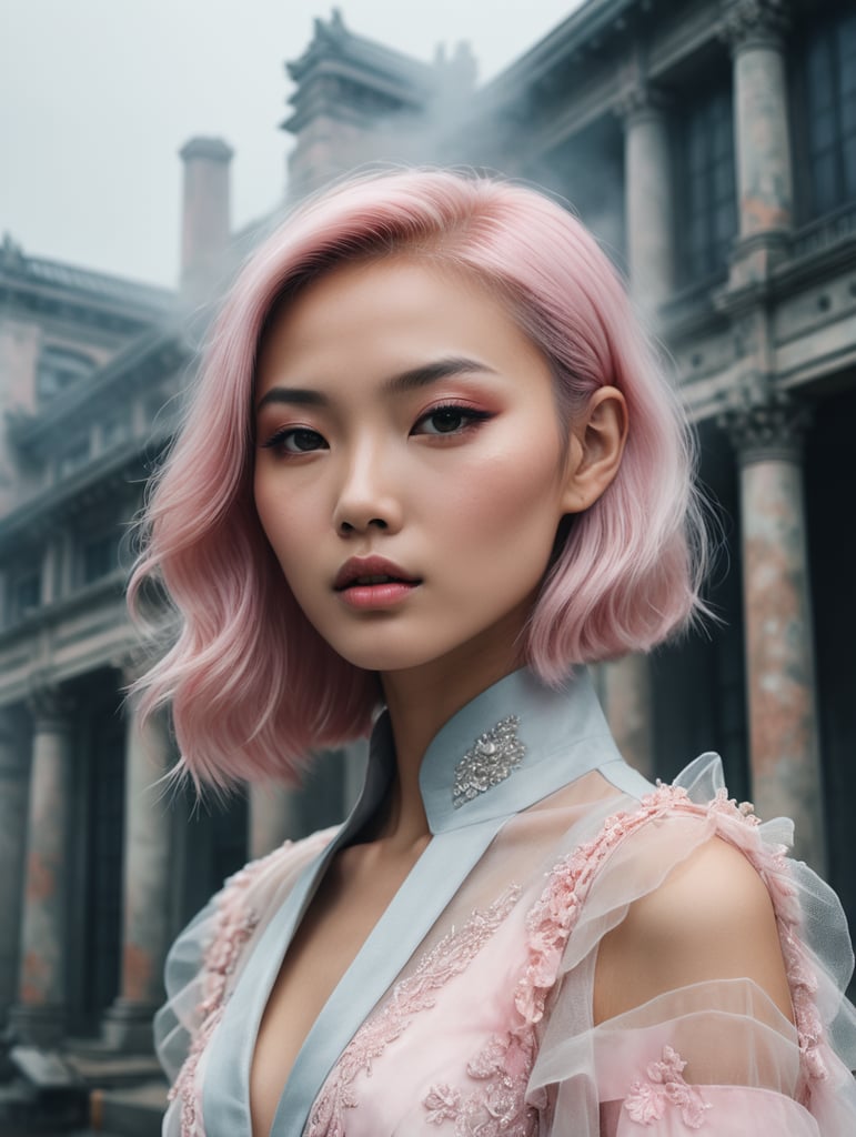 Portrait of haute couture beautiful asian fashion model with pale pink hair, ethereal dreamy foggy, photoshoot by alessio albi, editorial fashion magazine photoshoot, fashion poses, in front of brutalist building architecture. kinfolk magazine. film grain. a soft smile