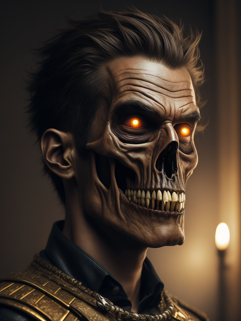 the man with a hollow face and a metallic jaw, in the style of realistic still lifes with dramatic lighting, gothpunk , made of torn latex, dark conplementary colors, photographically detailed portraitures, cynical, macabre, theatrical gestures