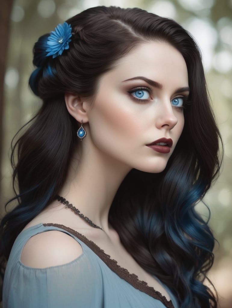 Beautiful pale skin, dark brown hair, stylized hair, blue eye, woman looking slightly up an off into the distance, 3 4 turn, goth, evil