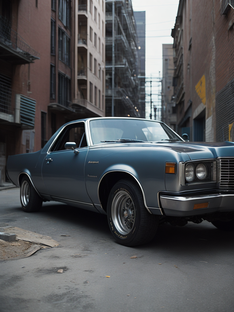 Futuristic 1983 Silver Chevy El Camino chrome rims pin stripe glossy paint graffiti alley trash dumper in background downtown