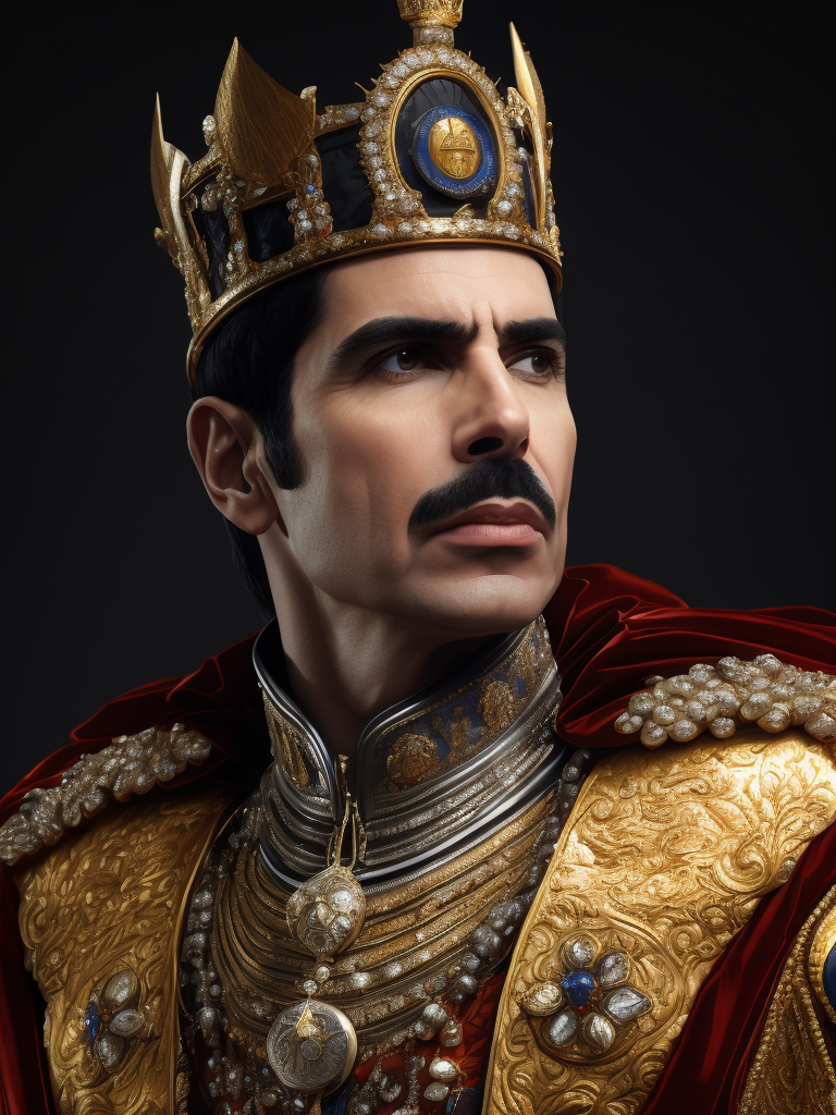 Portrait of Freddie Mercury wearing the Queen's crown, royal mantle, Vivid saturated colors, Contrast light, studio photo, professional photo, Detailed image, detailed face