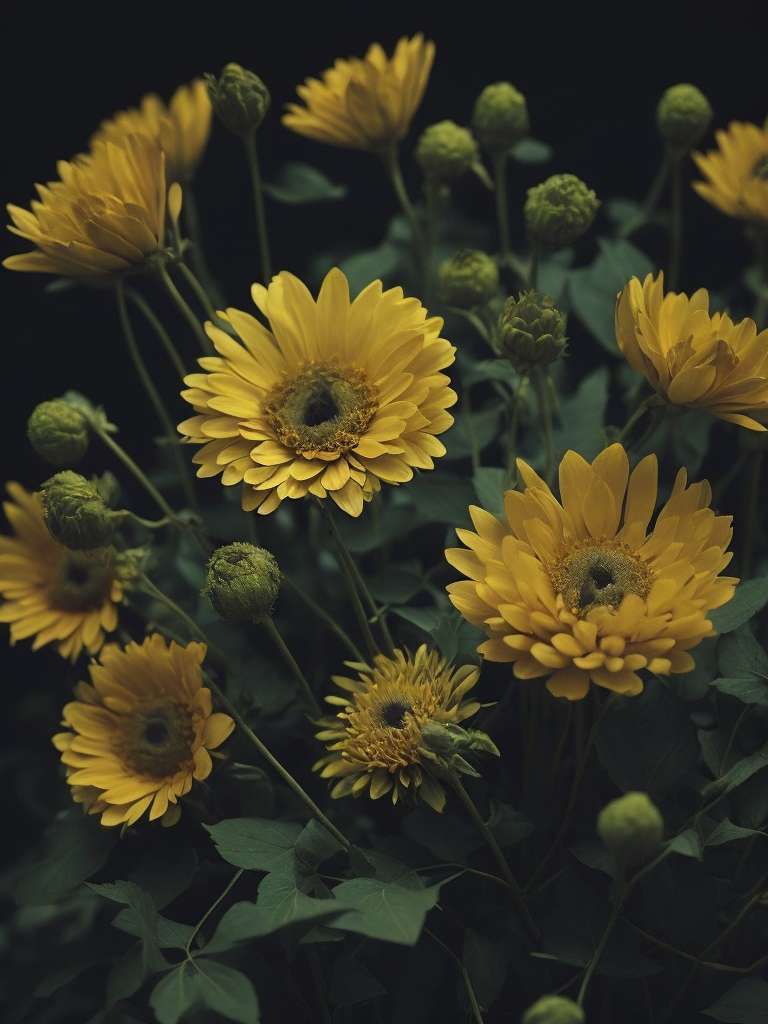 yellow flowers, dark atmosphere, deep colors, clear details