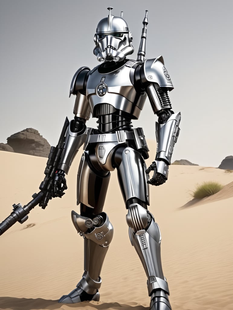 commando droid, star wars, full body, battle pose, shiny black and white armor, shiny silver light eyes