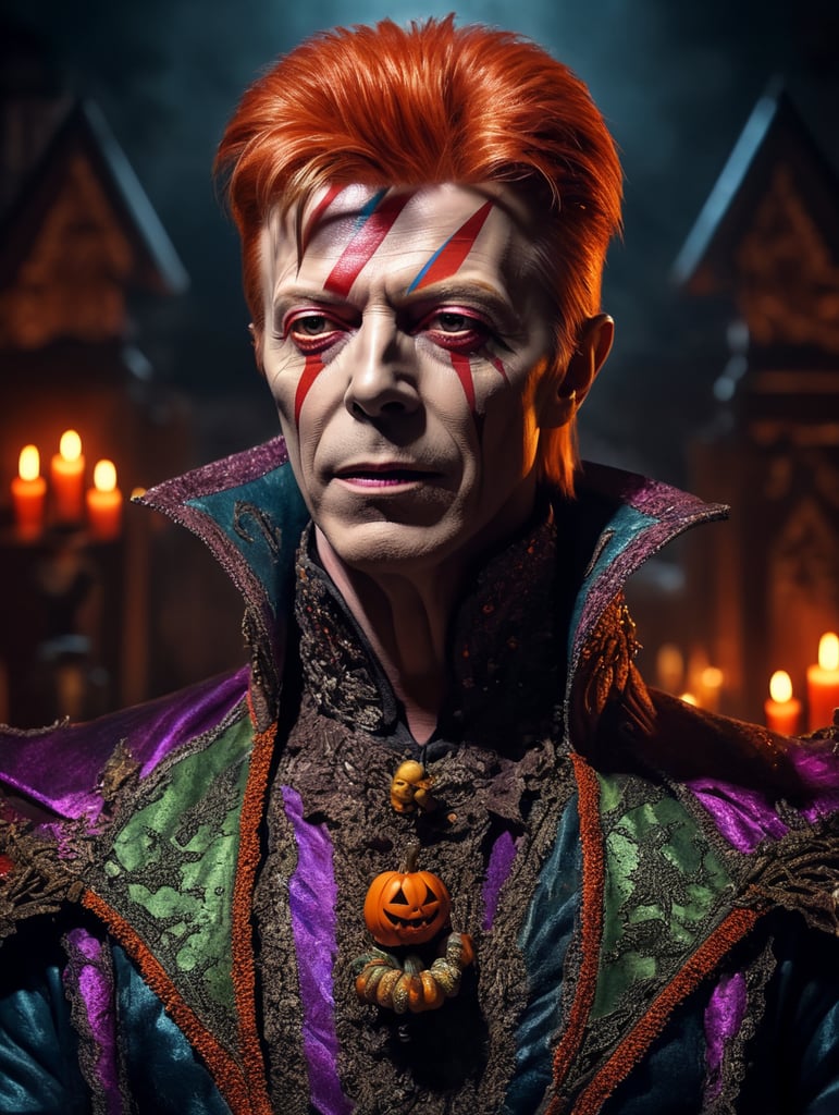 David Bowie as an evil character wearing spooky Halloween costume, Vivid saturated colors, Contrast color