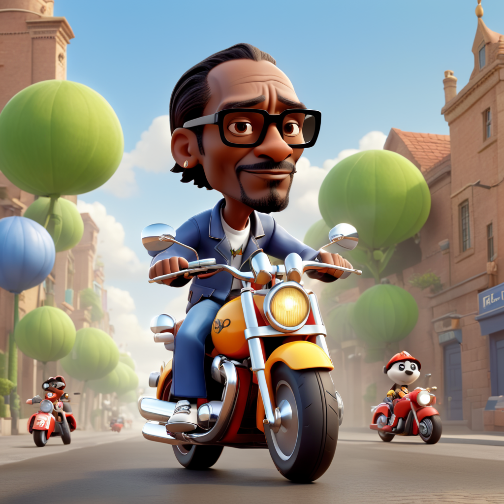 snoop dogg pixar style riding motorbike