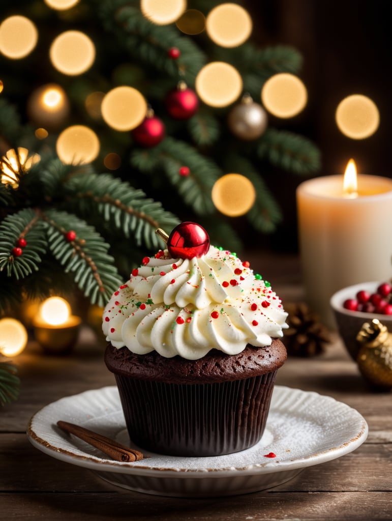 Delicious Christmas cupcake, with a very realistic pleasant setting, with a Christmas still life, only one piece comes out. Only one, Christmas, for advertising use.