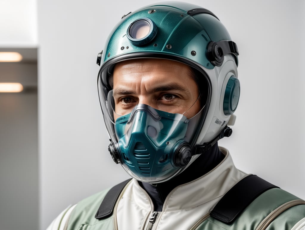 A realistic photo of a man wearing medical protective suit, isolated, white background