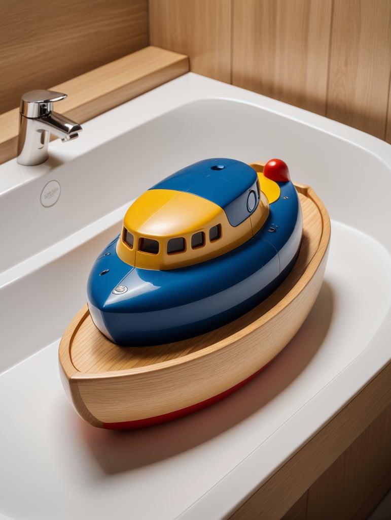 Bath toy chubby boat designed by Dieter Rams. Simplistic minimalist post modernist product design. Oak and injection molded plastic. Full object in view.