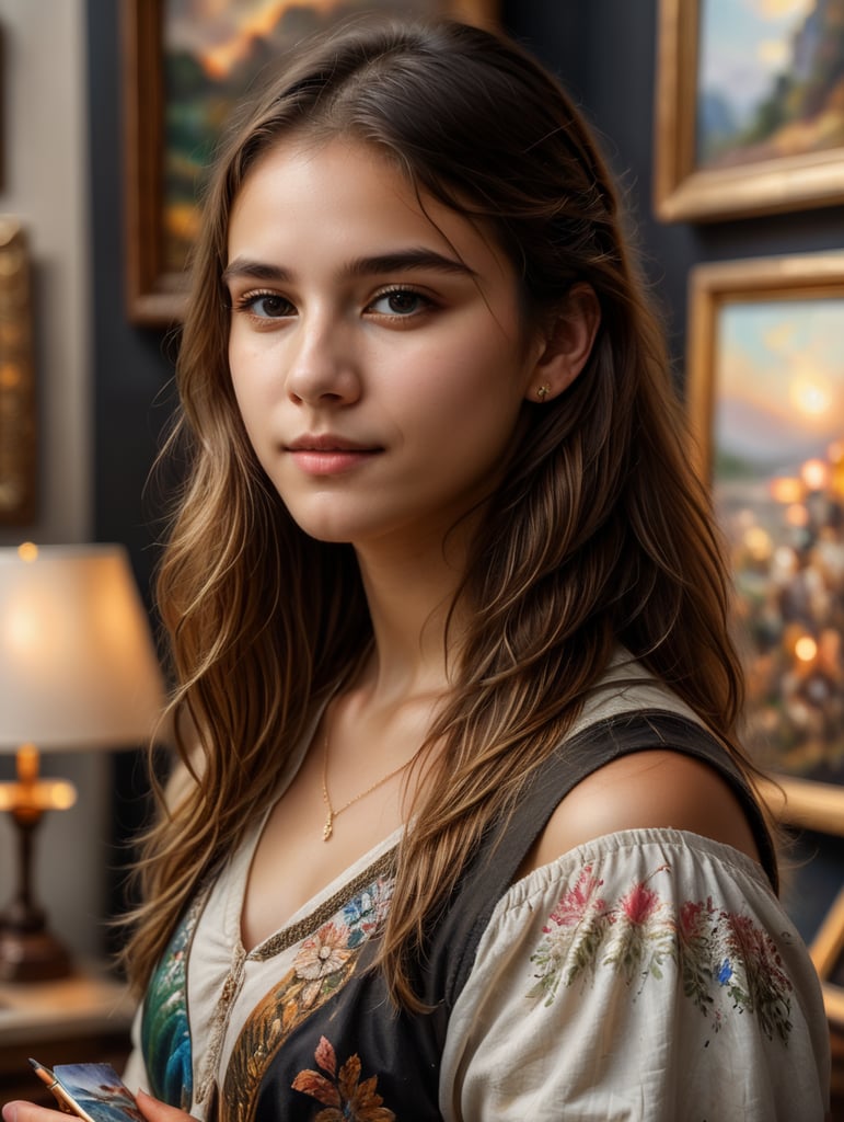 a girl holds a painting in her hands around many other paintings, beautiful light, close-up, many details