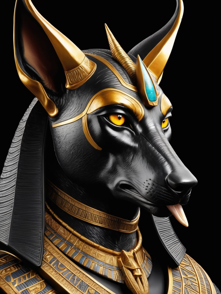 Egyptian god Anubis, portrait, hyper-realistic, dark style, focus on face, sharp on details, black background