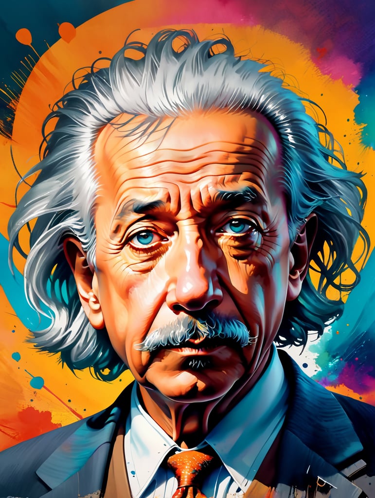 standing centered Portrait of Albert Einstein, bright and saturated colors, highly detailed, sharp focus, Bright expressive, Dramatic Lighting, Depth of field, Incredibly high detailed, on a white background