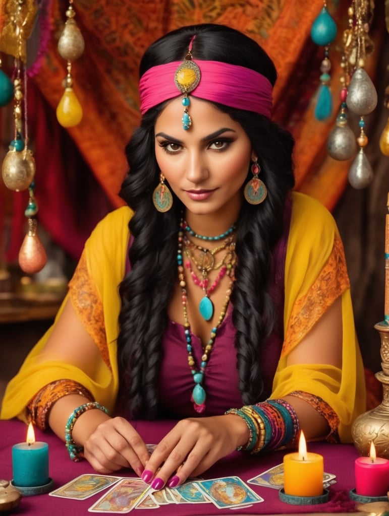 Latina Gypsy Fortuneteller bright colors tarot cards folkloric