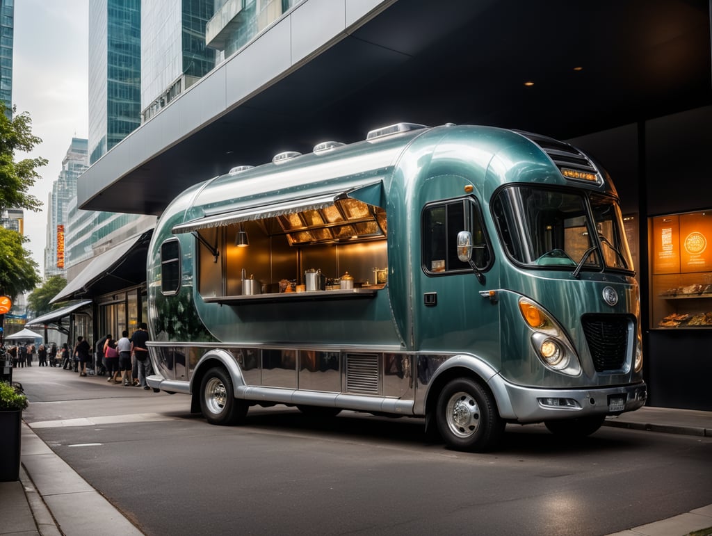 A fantastic, futuristic, cybernetic food truck that looks like a large oblong blob of mercury, with a glass cab and a large hinged side that reveals the contents, a showcase of fast food of various kinds:: A scene in the middle of a future metropolis.