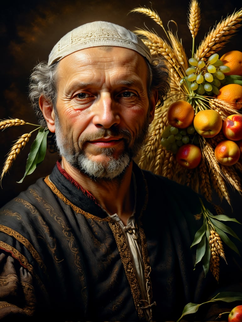 a fine art portrait in Rembrandt style with fruits an a bunch of barley and dark background