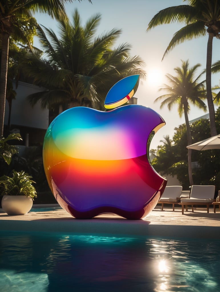 hyper realistic apple imacs as clear plastic pool float with sunlight shining through, neon palette, miami beach, unreal engine, octane render, cinematic lighting, highly detailed miami beach, y2k, bright colors, hyperrealistic, low angle, 16k, 8K UHD, 8K texture, cinematic, rim lighting, neon palette, color theory, dramatic, volumetric lighting, 35 mm, in focus, unreal engine, highly detailed, octane render, ultra high resolution