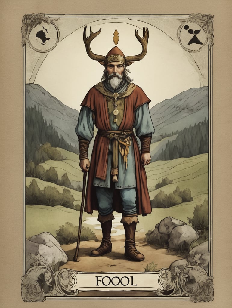 Tarot card , “the fool”, rustic, fantasy, traditional tarot layout