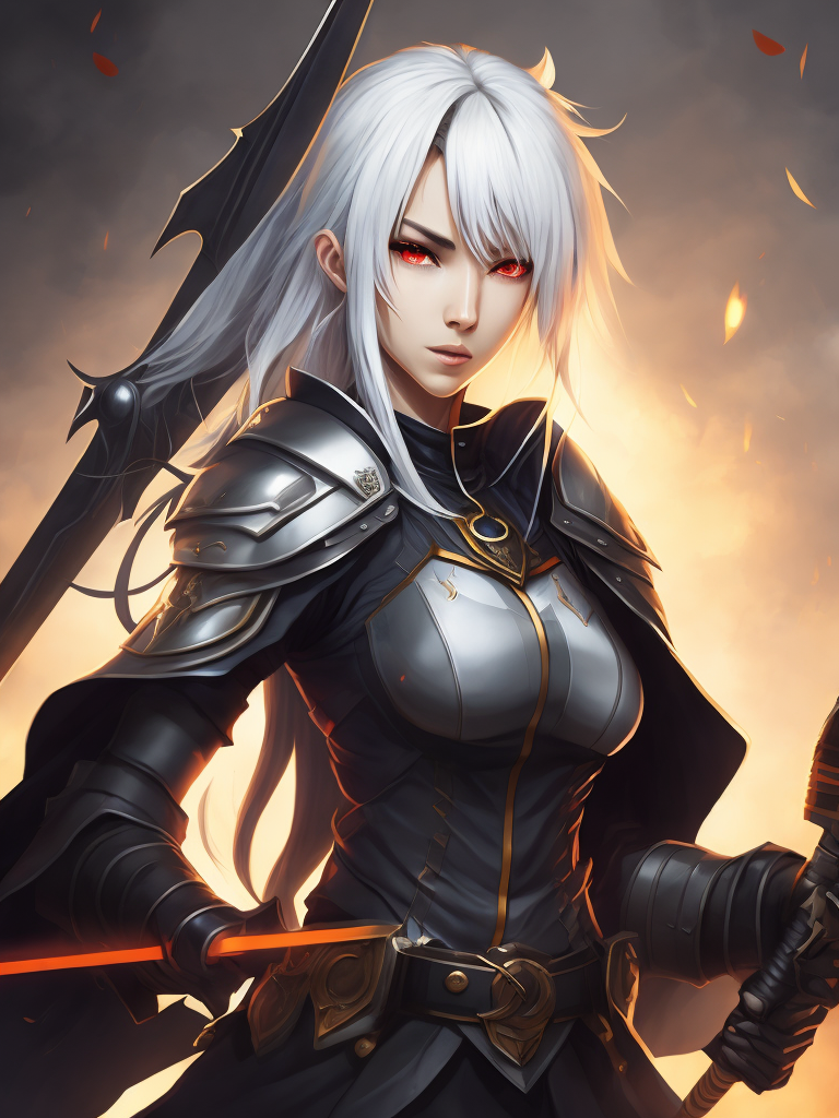 Create a digital artwork featuring an anime girl with white hair and red eyes, holding a sword
