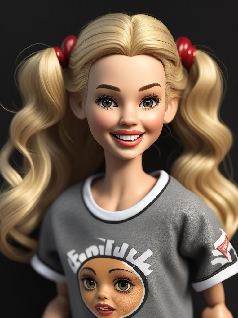 winking happy photo realistic messy blonde barbie doll with two side pigtail in t-shirt and open mouth