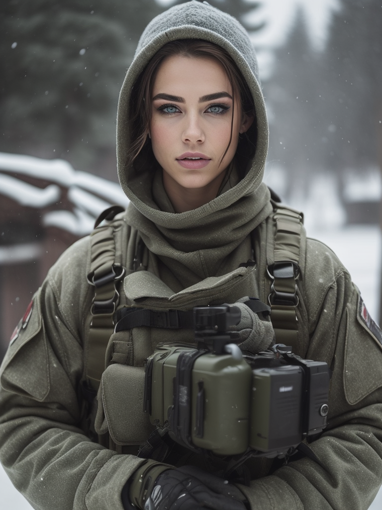 (photorealistic), beautiful lighting, best quality, realistic, full body portrait, real picture, intricate details, depth of field, 1girl, in a cold snowstorm, A very muscular solider girl with haircut, wearing winter camo military fatigues, camo plate carrier rig, combat gloves, (magazin pouches), (kneepads), highly-detailed, perfect face, blue eyes, lips, wide hips, small waist, tall, make up, tacticool, Fujifilm XT3, outdoors, bright day, Beautiful lighting, RAW photo, 8k uhd, film grain, ((bokeh))