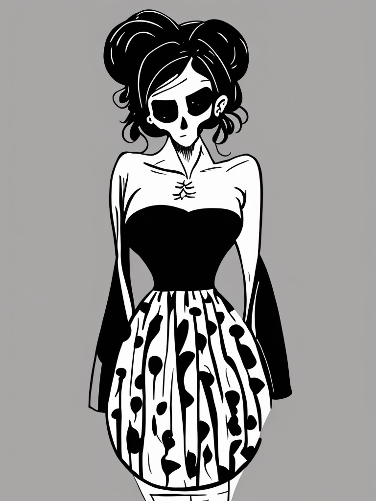 skull woman in strapless dress character design by Gemma correll