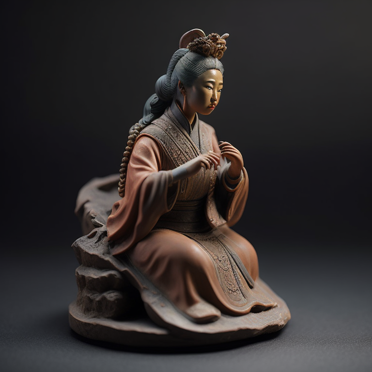 ancient small clay and glazed Chinese sculpture of a woman, deep atmosphere, realistic