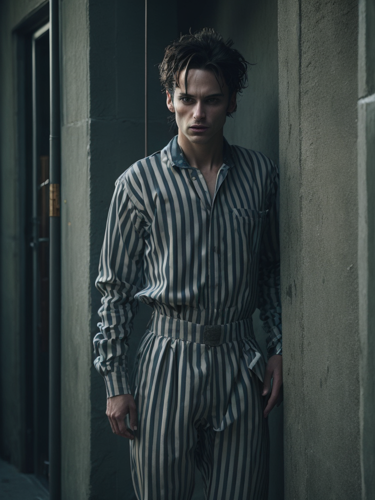 clown in a black and white stripes prison jumpsuit uniform