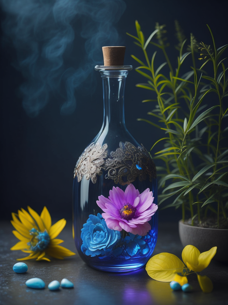 Magic elixir bottle with illuminated liquid, carved glass, decorated with flowers and gems, fairy atmosphere, illumination, dark blue color, smoke