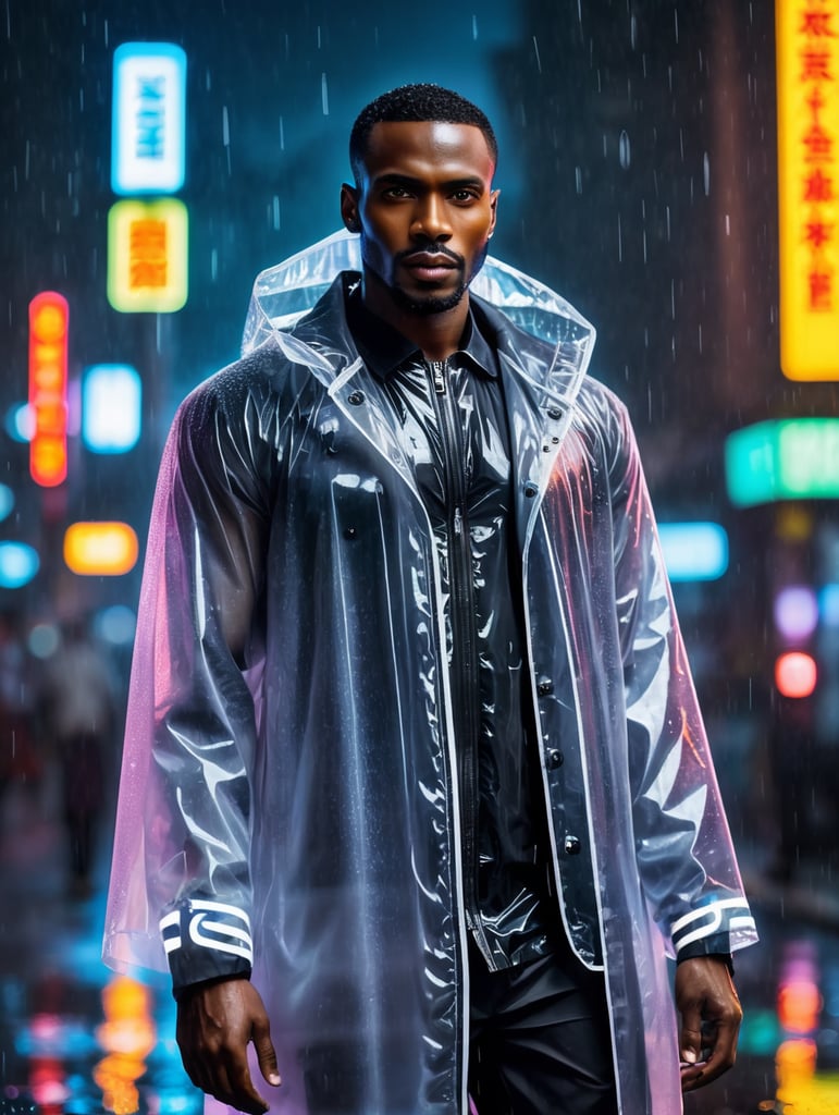 Portrait of A super model black African man wearing translucent raincoat, standing on a street under the heaviest rain, neon cyber city, dark night, neon signs,