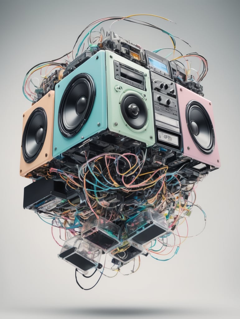 Pastel colors low-angle view shot photography of a emerged from spiral black ink splatters, flying huge 3d plexiglass multi cassette ghetto blaster robot body, full of cables and wires, with big boomers, 80 degree view