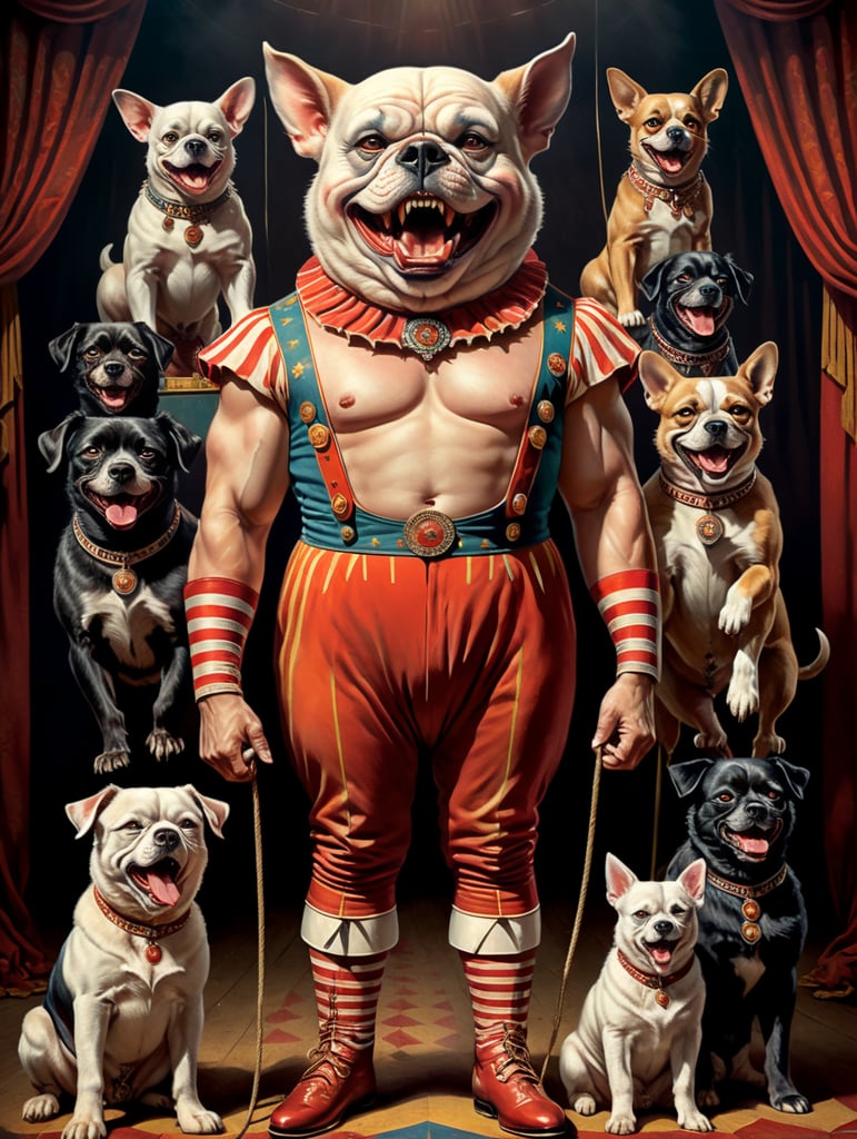 Vintage style circus sideshow poster of a full body anthropomorphic Scary midget with dogs head