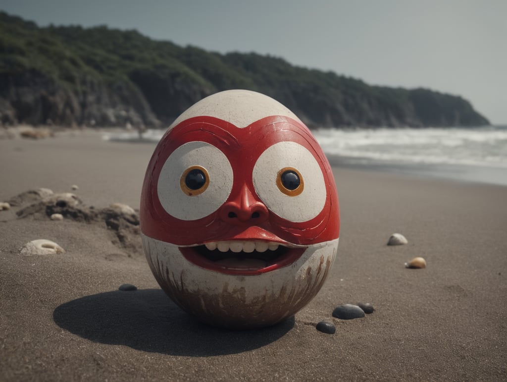 small Japanese happy daruma figure as an red and white dominated egg with gold. Situated on a beach close to the sea. Left eye has no pupil