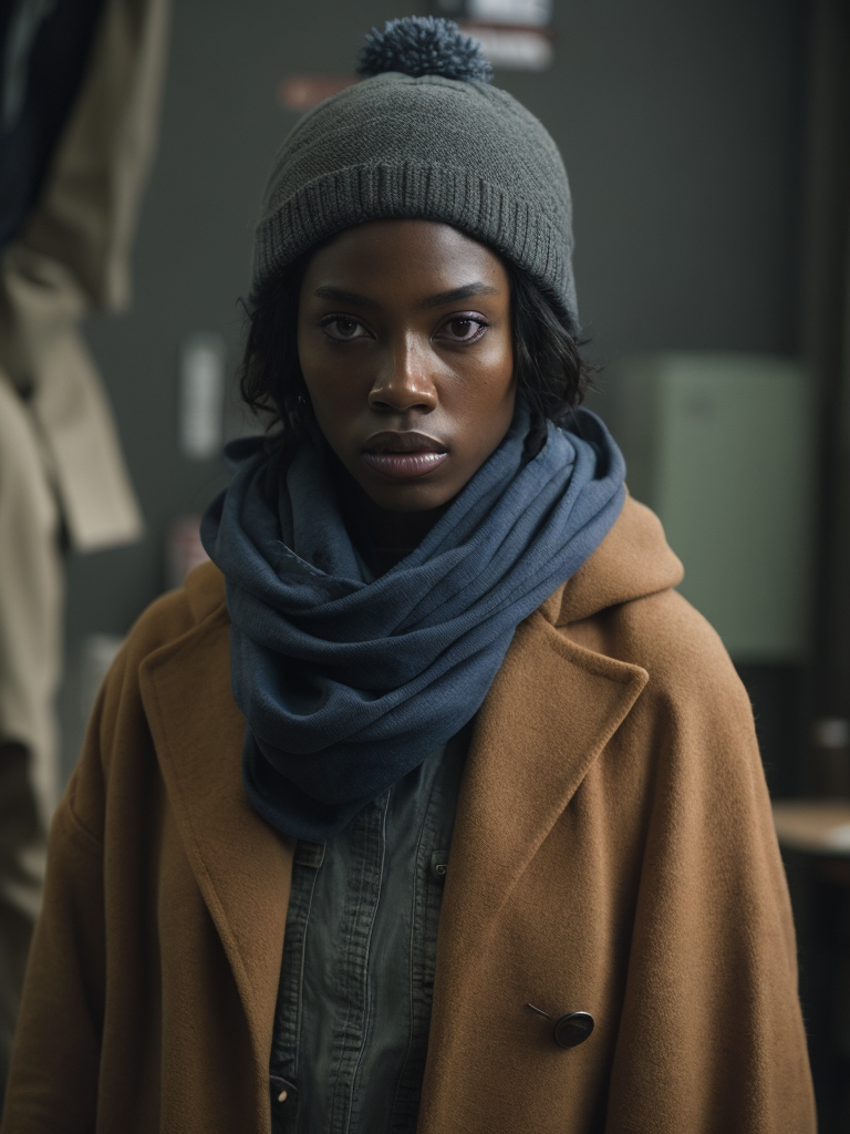 an african model wearing a brown beanie and a colorful scarf with "junk" written on it