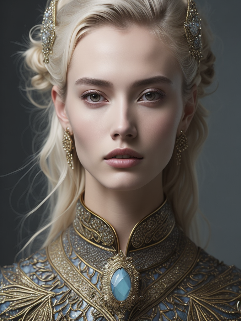 A beautiful painting featuring a young blonde woman and jewelry, in the style of zhang jingna, rinko kawauchi, baroque - inspired details, dark gold and light blue, fanciful, dreamlike imagery, hyper - realistic details, enchanting realms