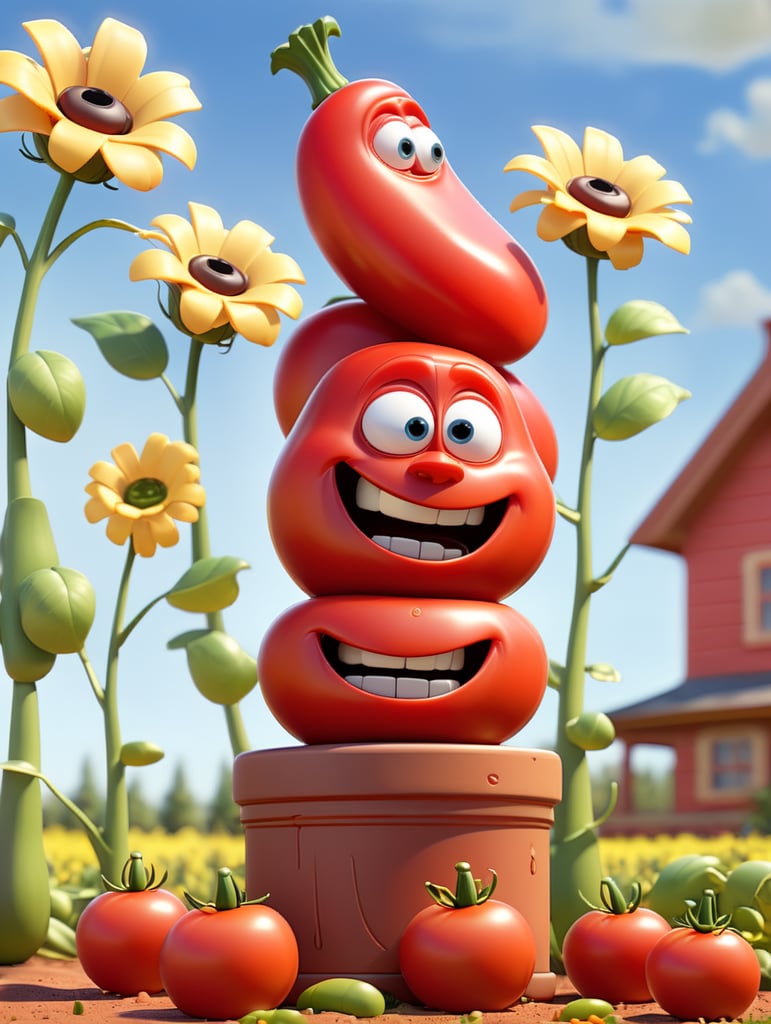 several red tomatoes stacked together forming a ketchup bottle with some leaves around it, beautiful tomato plantation in the background and a blue sky, short grass and yellow flower, creamy light, ambient lighting, beautiful colors