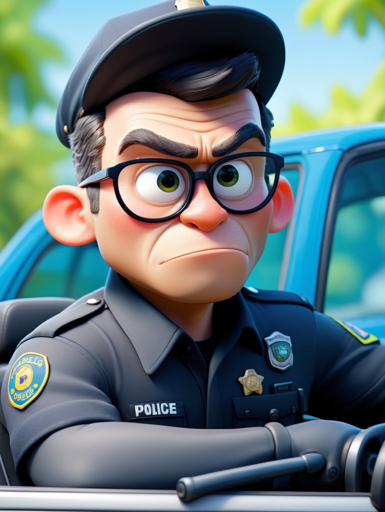 Gorilla police officer, sitting behind the wheel of a police car, close-up shot, sunglasses, clipart, stock photo