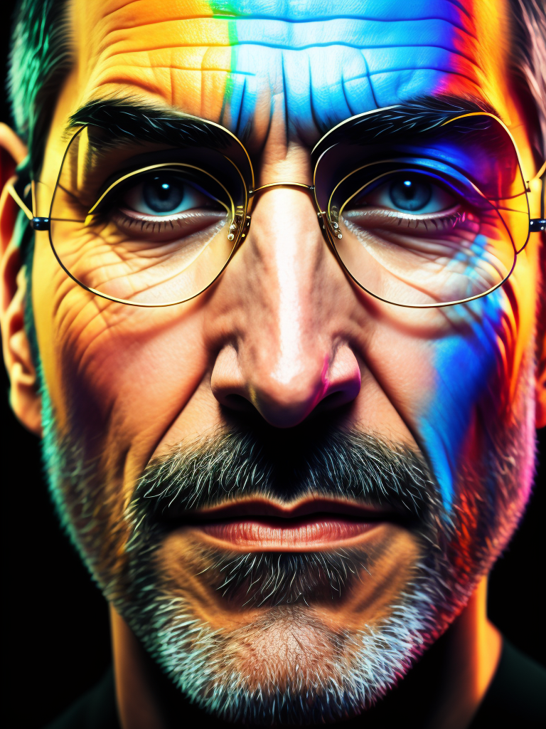 Portrait of Steve Jobs, bright and saturated colors, elegant, highly detailed, vogue, fashion magazine, sharp focus, bright expressive makeup, dramatic lighting, depth of field, incredibly high detailed, blurred background