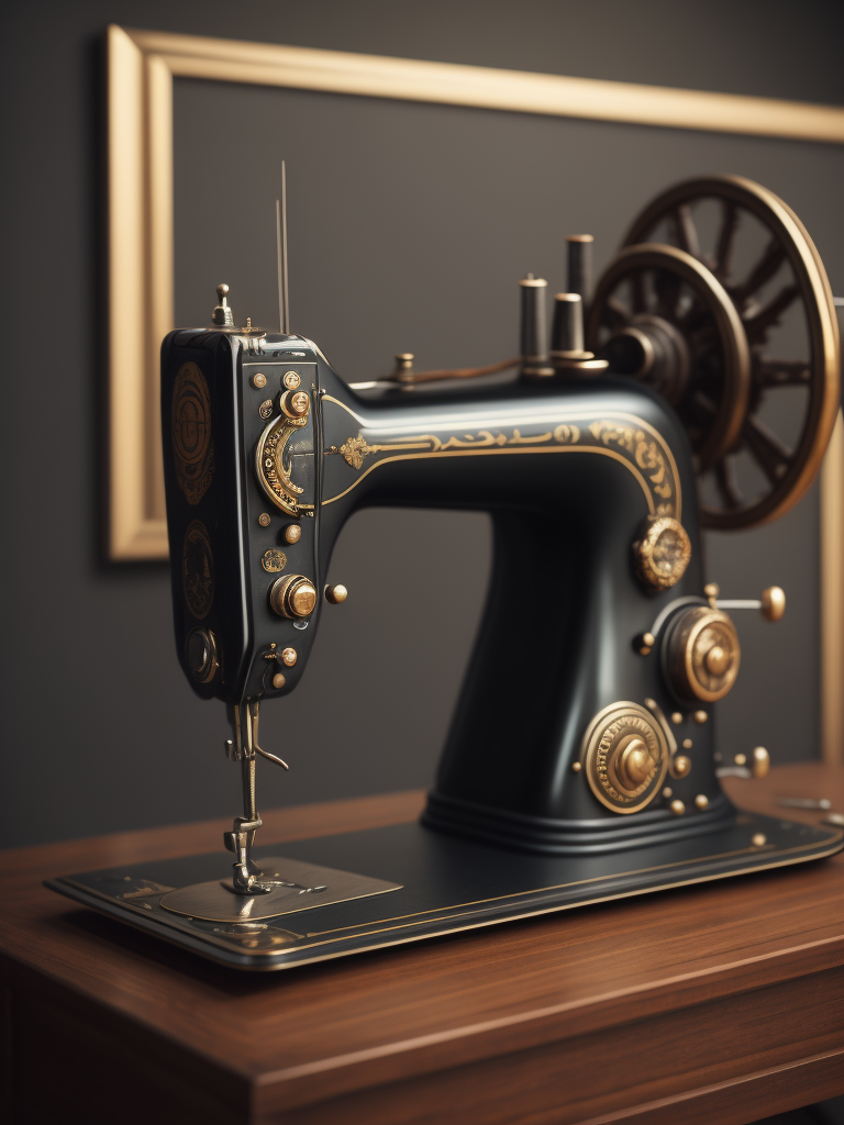 Vintage sewing machine, sharp focus, highly detailed, Dark gradient background, Muted colors