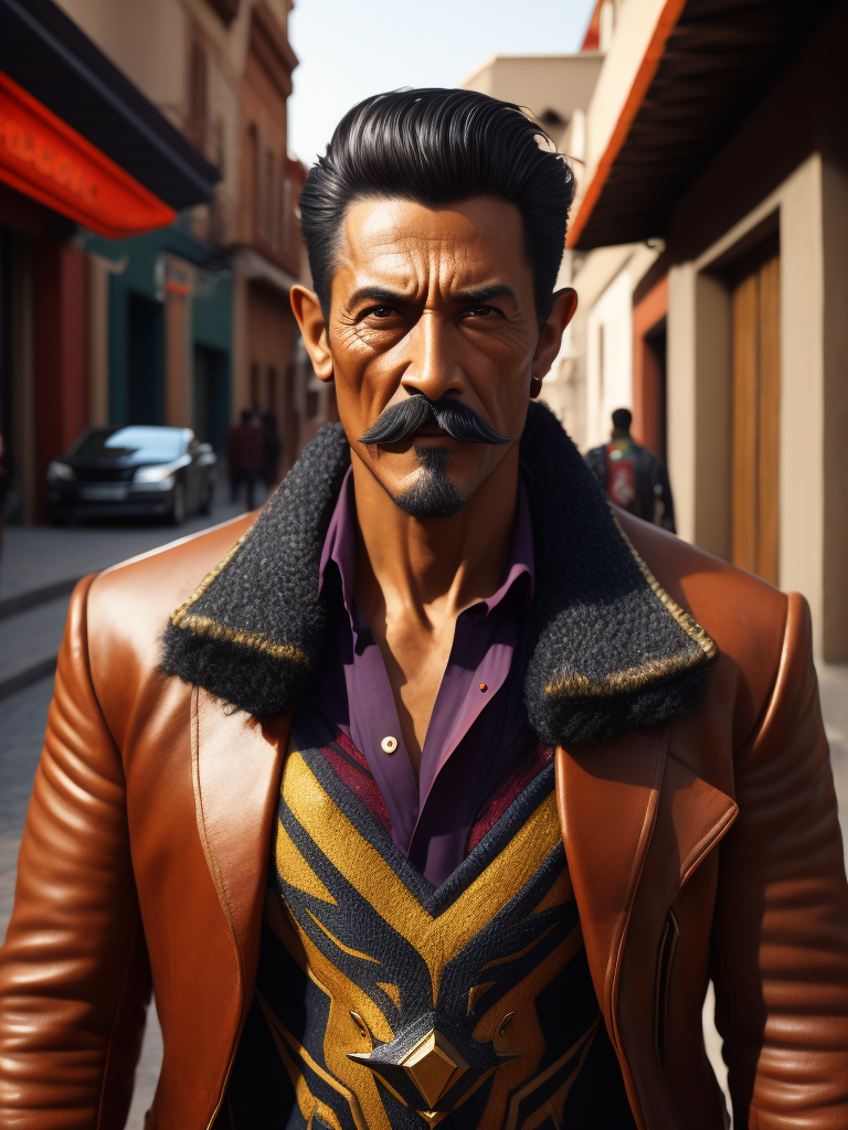 Wolverin marvel character on a mexican street with mexican clothes and bog moustache, with colorful bakcground, vogue and stylish