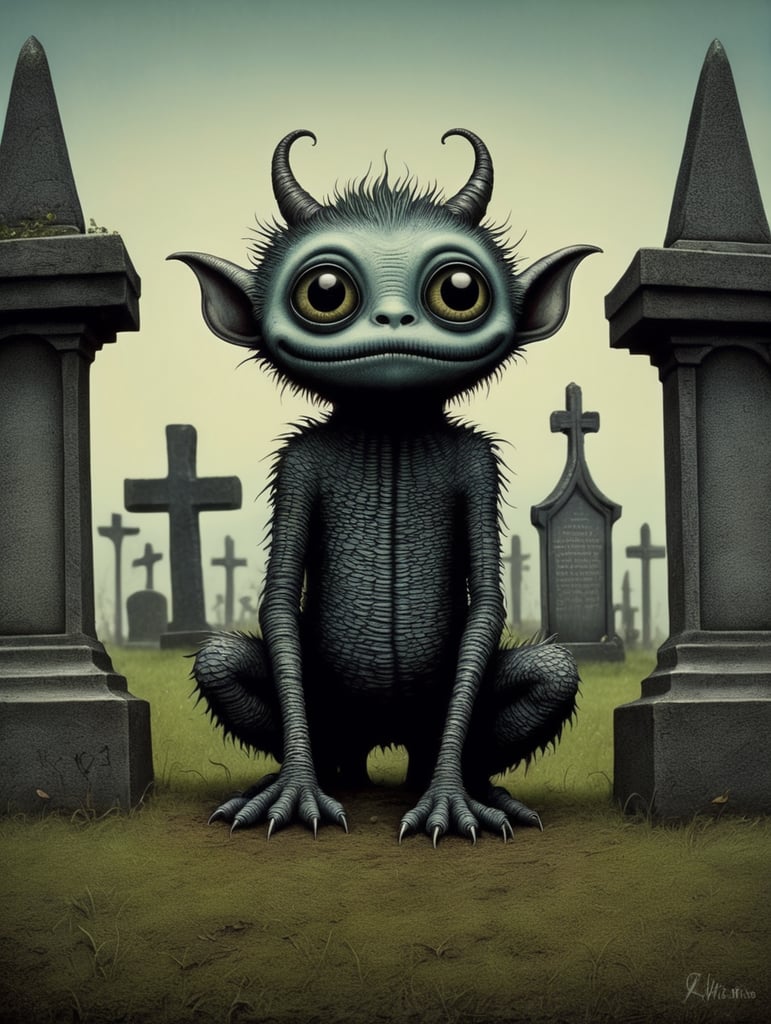 John Kenn Mortensen style ground level shot, incredibly detailed front shot painting of a cute whimsical monster in a graveyard,