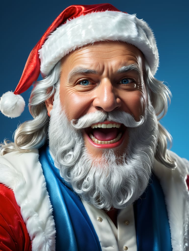 Santa claus with a long thick white beard, dressed in a mirror silver metallic chrome santa claus costume, santa claus cap on his head, in a cheerful mood, thick white eyebrows, professional studio photo, blue background, bright colors, contrasting light, high detail