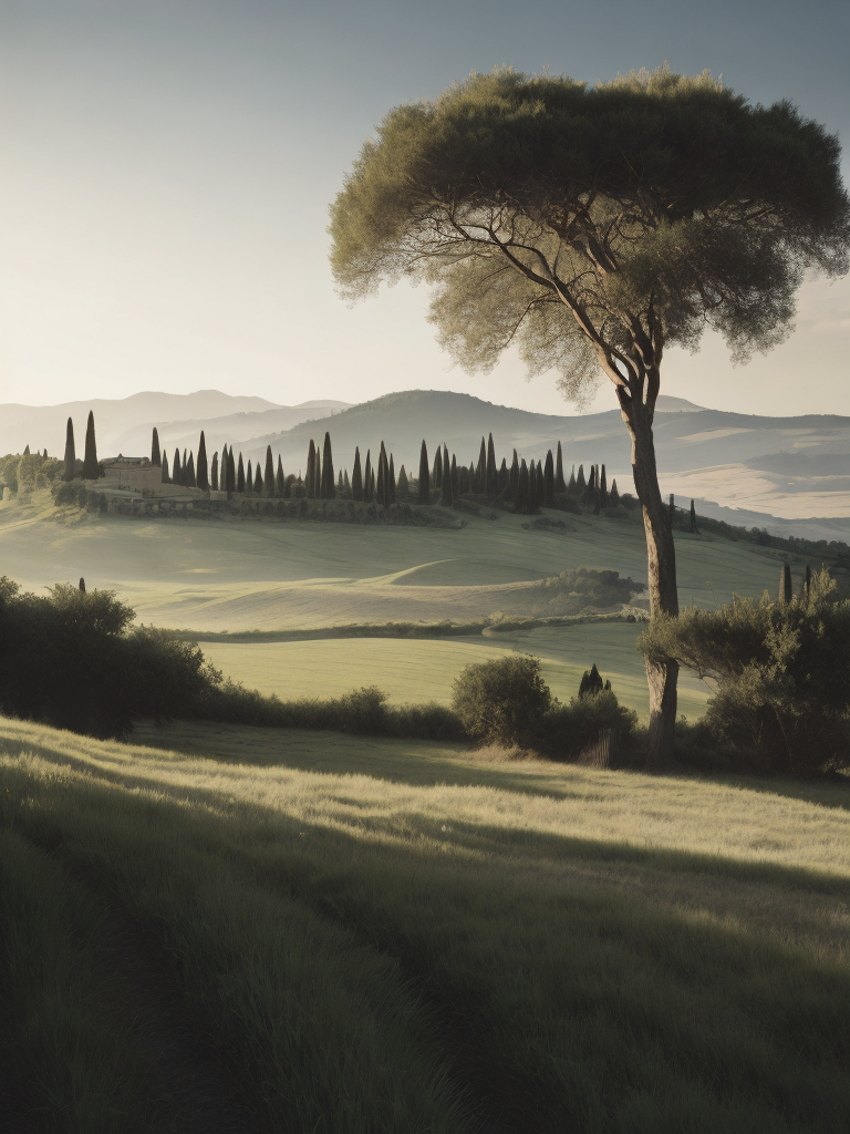 Italian landscape tuscany, photorealistic, serene, peaceful, majestic, high detail, landscape, ultra hd, matte painting, highly detailed, concept art, contrast light, deep colors